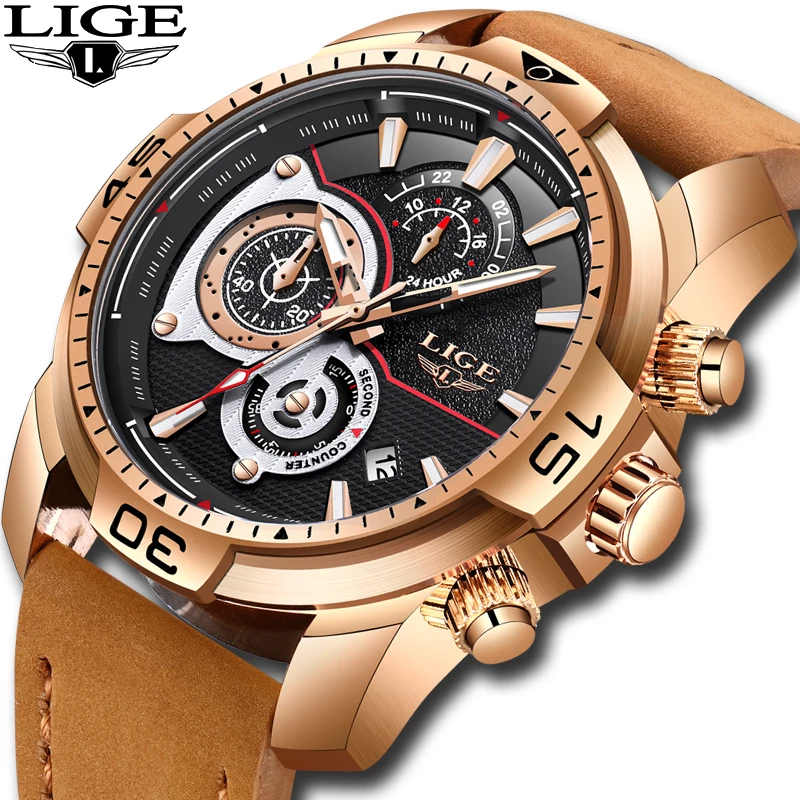 

LIGE Mens Watches Top Brand Luxury Casual Leather Quartz Clock Male Sport Waterproof Watch Gift Gold Watch Men Relogio Masculino