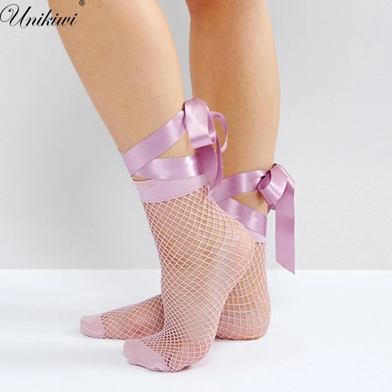 

UNIKIWI.Women's Harajuku Candy Color Purple Ribbon Lace up Bow Fishnet Socks.Ladies Sexy Hollow out Mesh Nets Socks Girl's Sox
