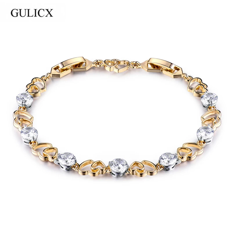 

GULICX New Double Heart Wedding Bracelet Zircon Jewelry High Quality Round Cubic Zirconia Tennis Charm Bracelets For Women