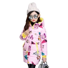 New Design Autumn Winter Long Jackets Baby Girls Cartoon Print Coat Kids Hooded Cotton Padded Down Jackets Girls Winter Clothes