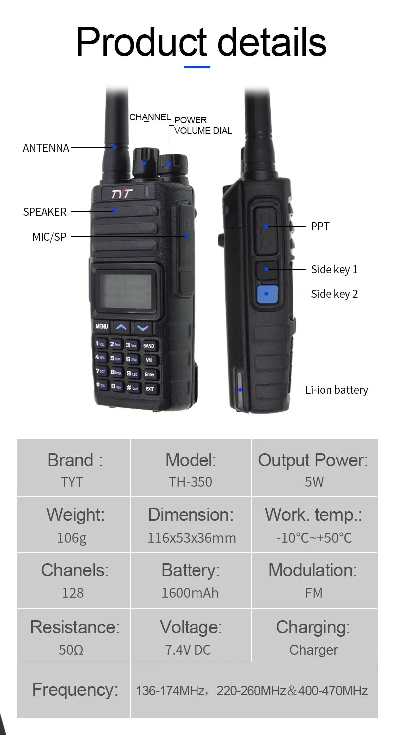 TYT TH-350 Walkie Talkie Tri Band 136-174 MHz 220-260 MHz 400-470 MHz Tri display 5 W высококачественный двухсторонний fm-приемопередатчик