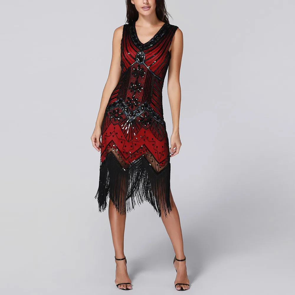 Women Dress V Neck Tassel Sequin Art Nouveau Embellished Fringed