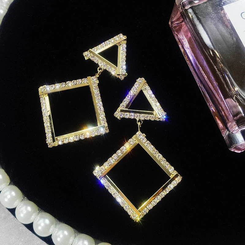 

New design fashion pop jewelry geometric metal triangle earrings full of crystal party wedding earrings for Girls gift for woman
