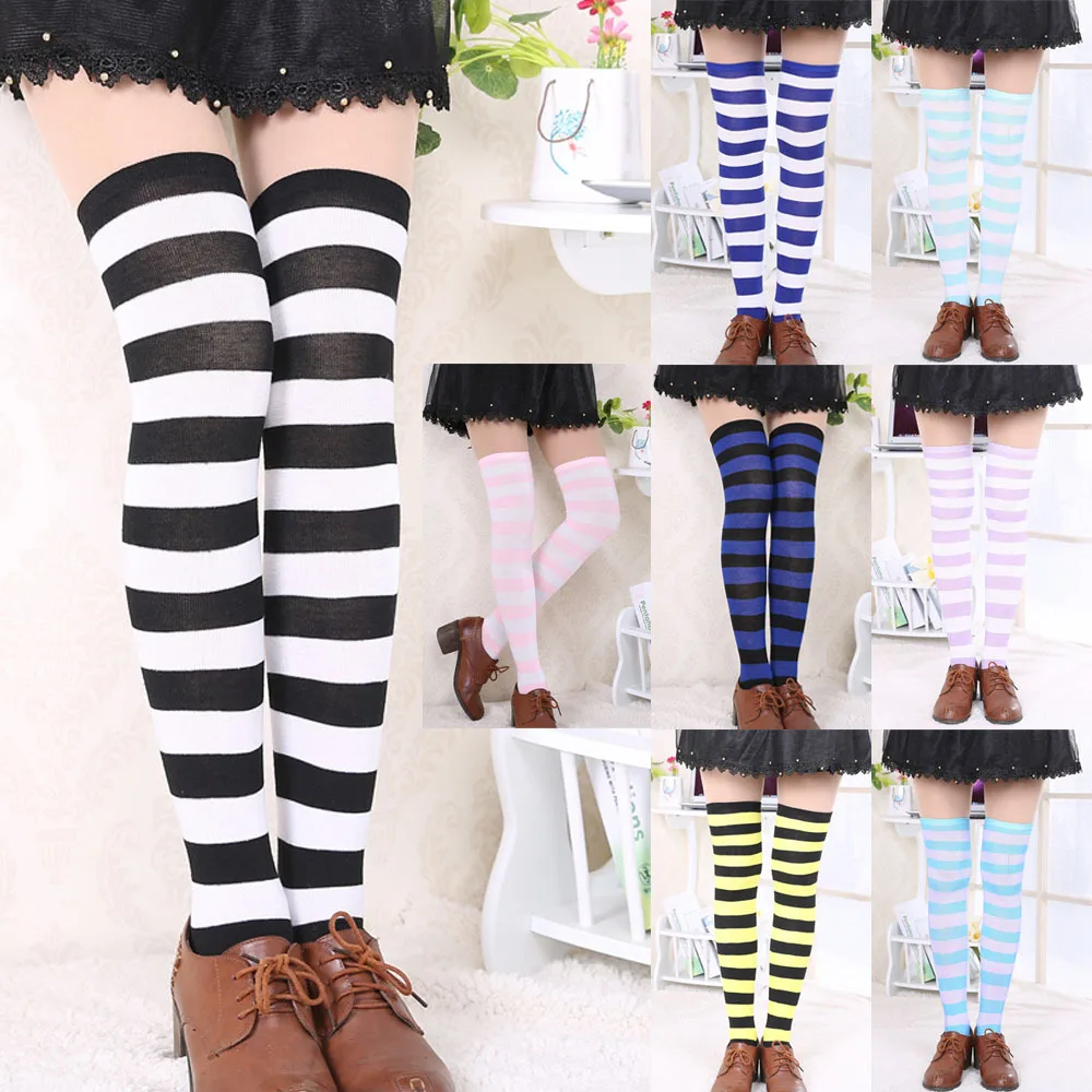 

Fashion Japanese Candy Color Long Striped Stockings Sexy Sokken Vrouwen Kawaii Women Over Knee High Socks Girls Lolita Stocking