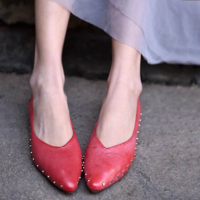 Artmu/оригинальная женская обувь на плоской подошве с заклепками; натуральная кожа; острый носок; мягкая подошва; сезон весна; Новинка; обувь ручной работы на плоской подошве; 7393-3 - Цвет: Red