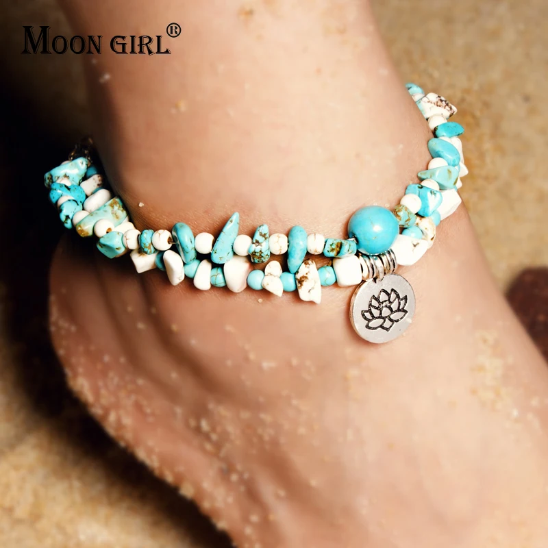 

MOON GIRL Multilayer Natural Stone Yoga Lotus Anklet Bracelets for Women Vintage Boho Fashion Trendy Leg Anklets Foot Jewelry