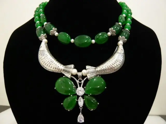 

2Strands White Akoya Cultured Pearl&Emerald&Crystal Necklace 17"-18" a(5.18)