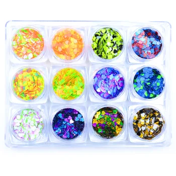 

1 Box 12 Color Glitter Ultrathin Sequins With 6 Design Rhombus Horse eye Rectangle Heart Hollow Half Circular Arc Nail Art Decor