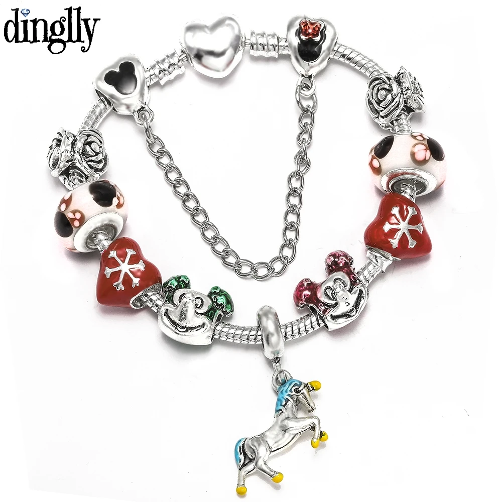 DINGLLY الأزياء الفضة الحصان سباق سحر سوار للنساء الأحمر الحب ميكي الخرز صالح باندورا إسورة عيد الميلاد هدايا