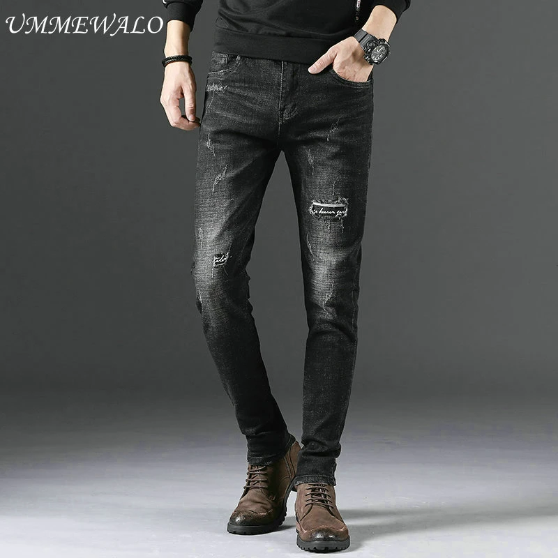 UMMEWALO Black Skinny Jeans Men Embroidery Design Casual Stretch Denim Jeans Mens Ripped Jean Pants Male Quality Hole Jeans