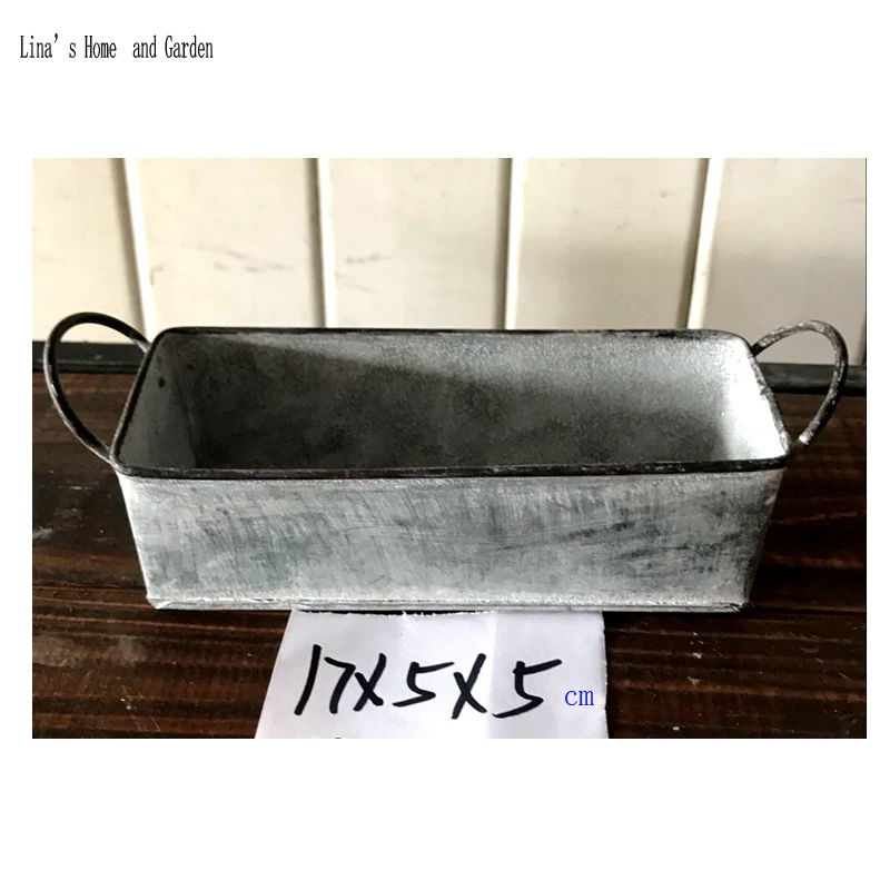 vintage retro rectangle metal zinc mini planter pot with side handles