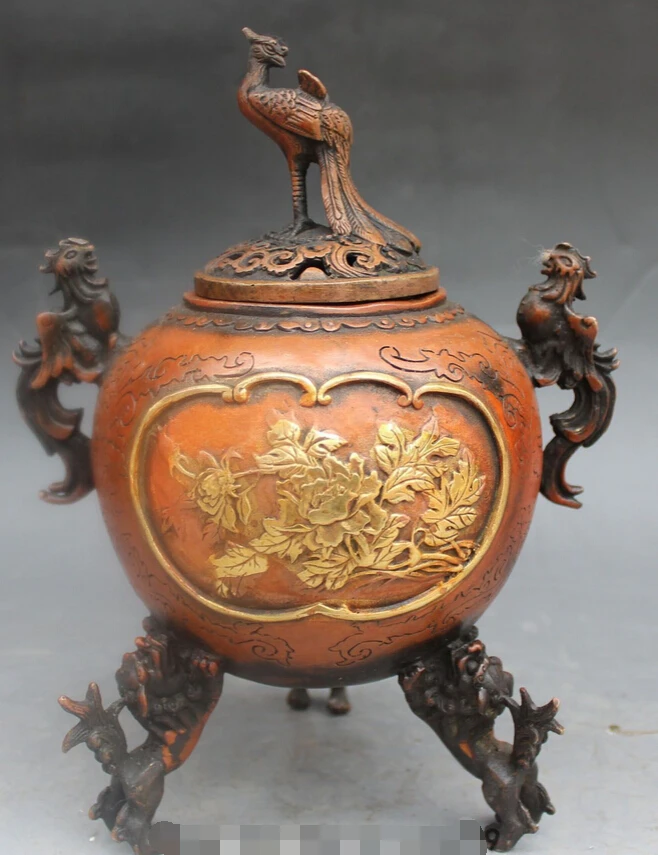 

bi002583 9" Marked Chinese Fengshui Bronze Gilt Phoenix Lion incense burner Censer Statue