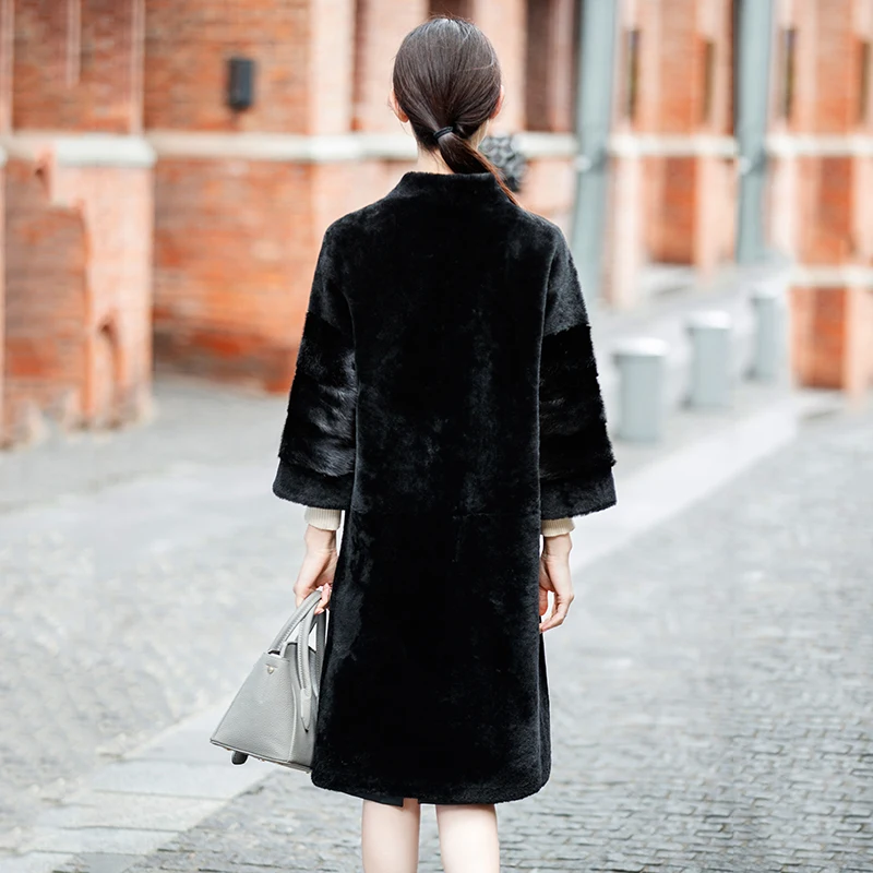 Real Fur Coat Sheep Shearling Fur Winter Coat Women Clothes 2018 Korean Mink Fur Sleeve Double-faced Fur Wool Jacket ZT853