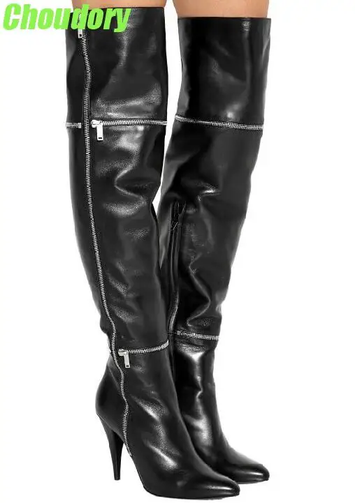 

Cross Zip Women Pointed Toe Over The Knee Boots Embellished Leather Thigh Boots Thin High Heel Ladies Knight Boots Dress Shoes