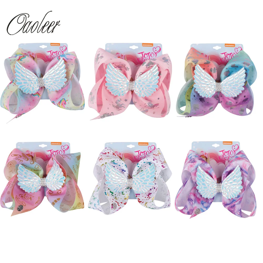 

8" Large Wing Hair Bows Girls Rhinestone Rainbow Cartoon Bow-knot Ribbon Hair Bows With Clip Kids Handmade Hair Accessories