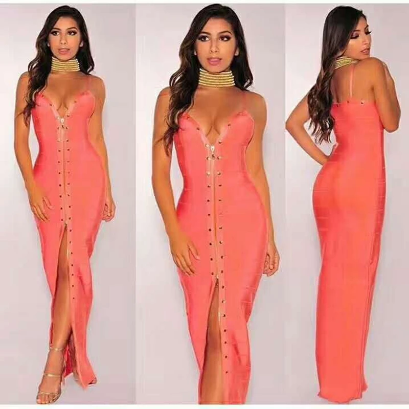 

2019 New arrive pink black v neck spaghetti strap maxi bandage dress Front high Split backless celebrity party dresses vestidos