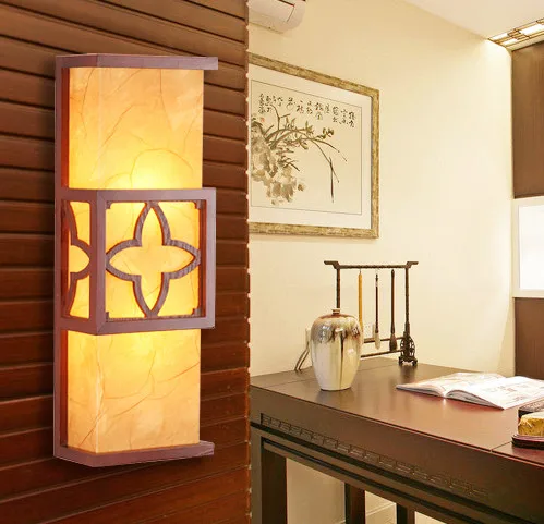 

Chineses style red wood wall lamps Modern brief yellow parchment E27 two LED bulbs lamp for bedroom&porch&stairs&studio QLBD009