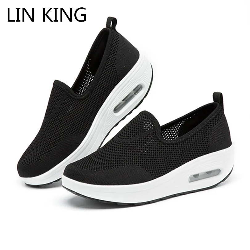 

LIN KING Hollow Out Women Casual Shoes Breathable Vulcanized Shoes Slip On Height Increase Swing Shoes Non Slip Ladies Loafers