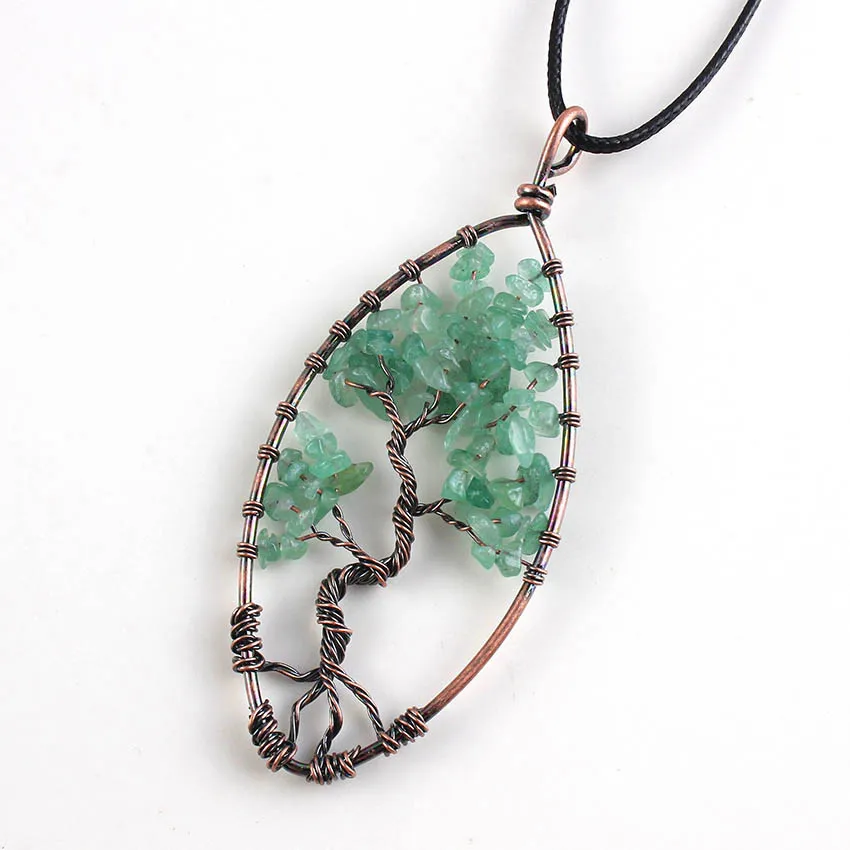 

Trendy-beads Copper Marquise Tree of Life Pendant Natural Green Aventurine Necklace Rope Chain Jewelry