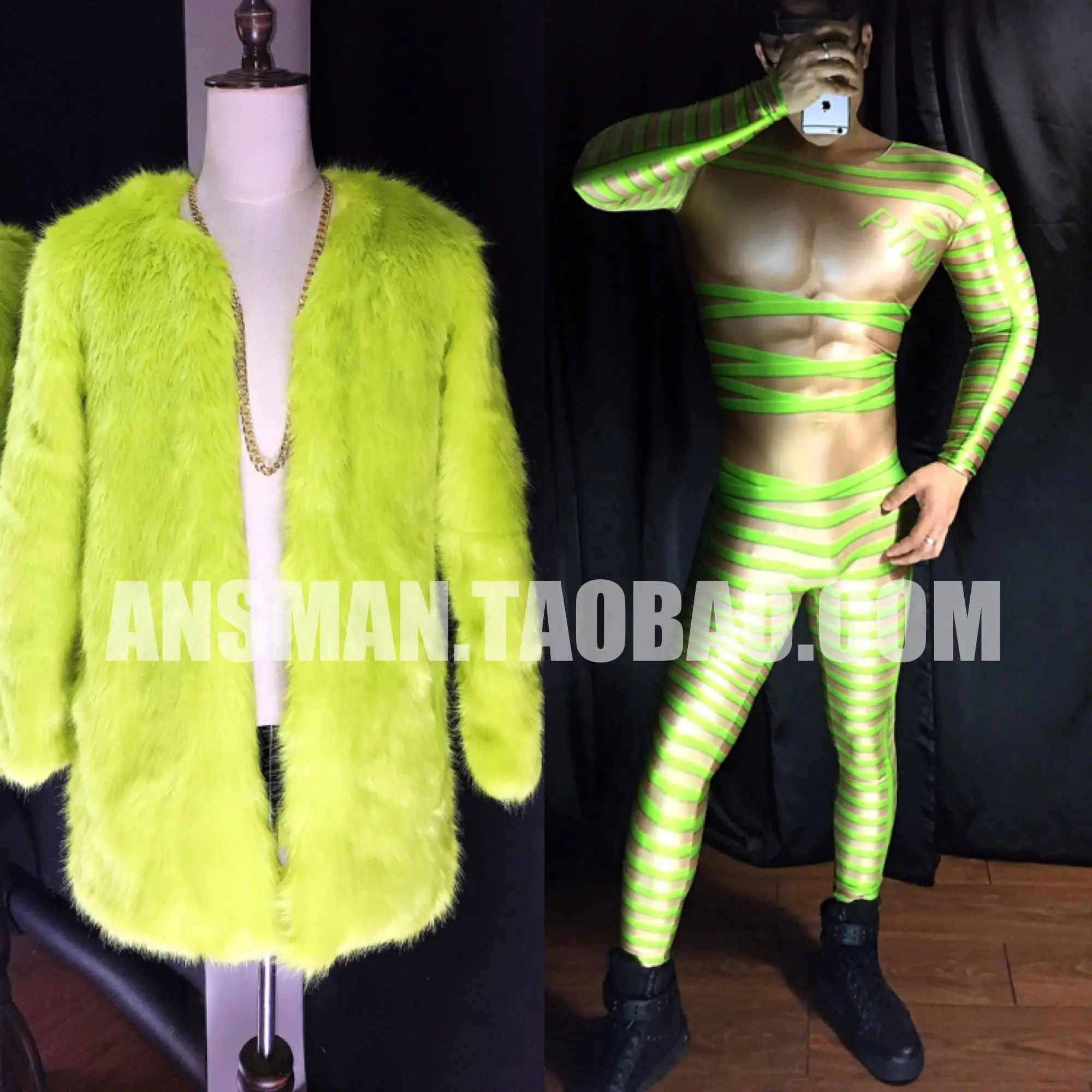 

New Bar Party Nightclub Male Singer Dj Ds Fluorescent Yellow Green Pink Faux Fur Coat Men Fashion Theme Jacket Costume S-4xl