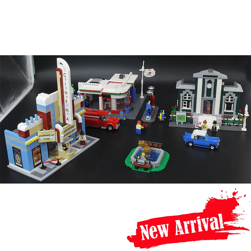 

ANNIVERSARY SET Town Plan Lepin CINEMA SERVICE STATION LAMPPOST VEHICLE 02022 City DIY Building Blocks Bricks Toys 10184 2080pcs