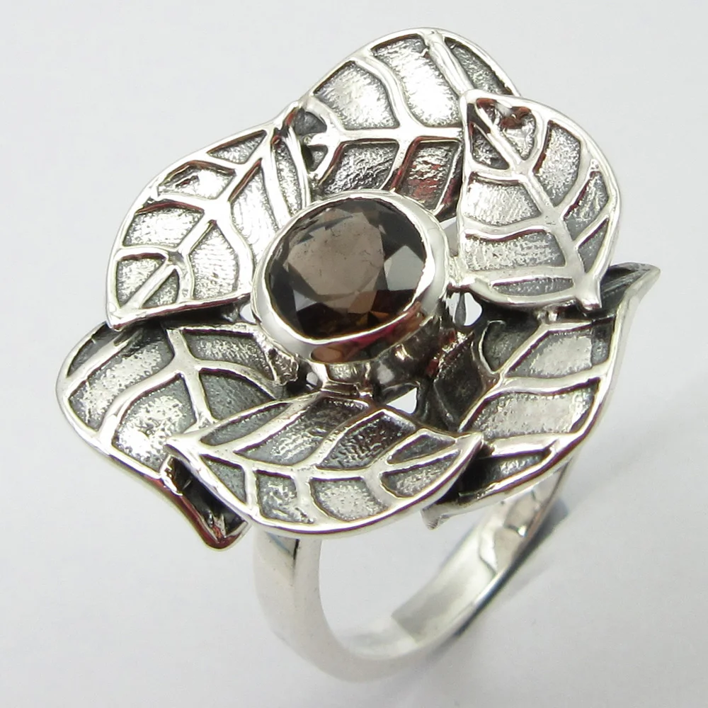 

Natural Smoky Quartzs LEAF Ring Size 8 Handmade Jewelry Silver Unique Designed