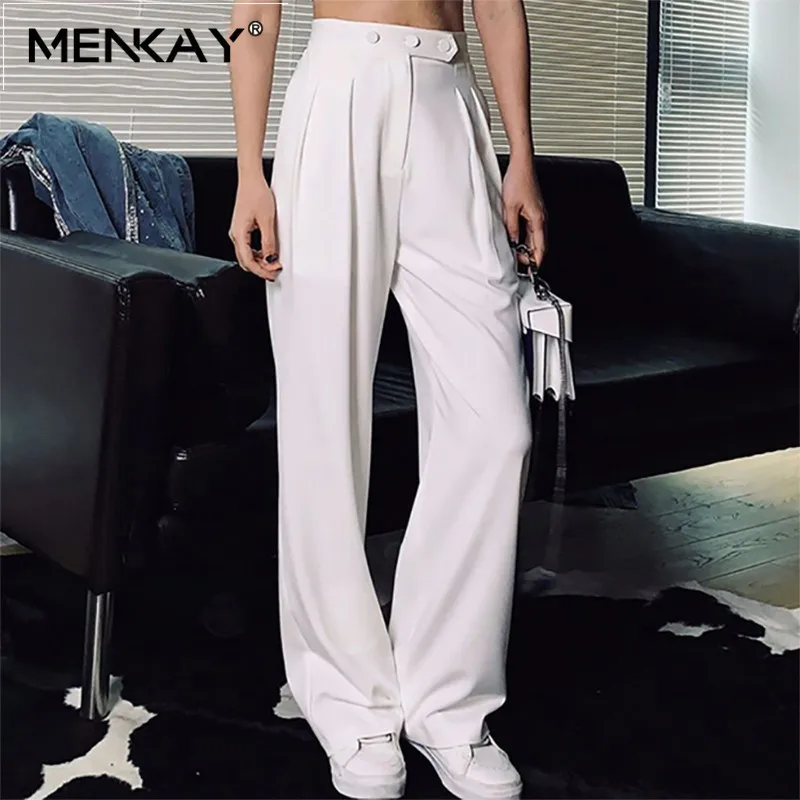 

[MENKAY] Casual Solid Women Trousers High Waist Big Size White Wide Leg Pants Female Spring 2019 Fashion Clothing New