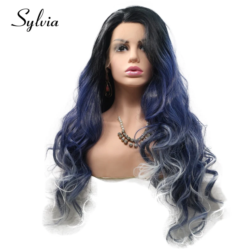 Sylvia Белый Синий Омбре синтетические парики с темными корнями тела волна средняя