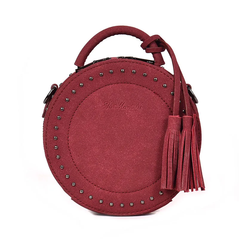 Vintage Scrub Leather Crossbody Shoulder Bag for Women Round Fashion Tassel Messenger Bag Female Casual Tote Bags Hot Sale Sac