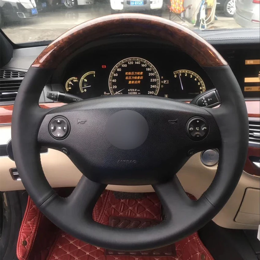 Woodgrain Leather Black Leather Car Steering Wheel Cover for Mercedes