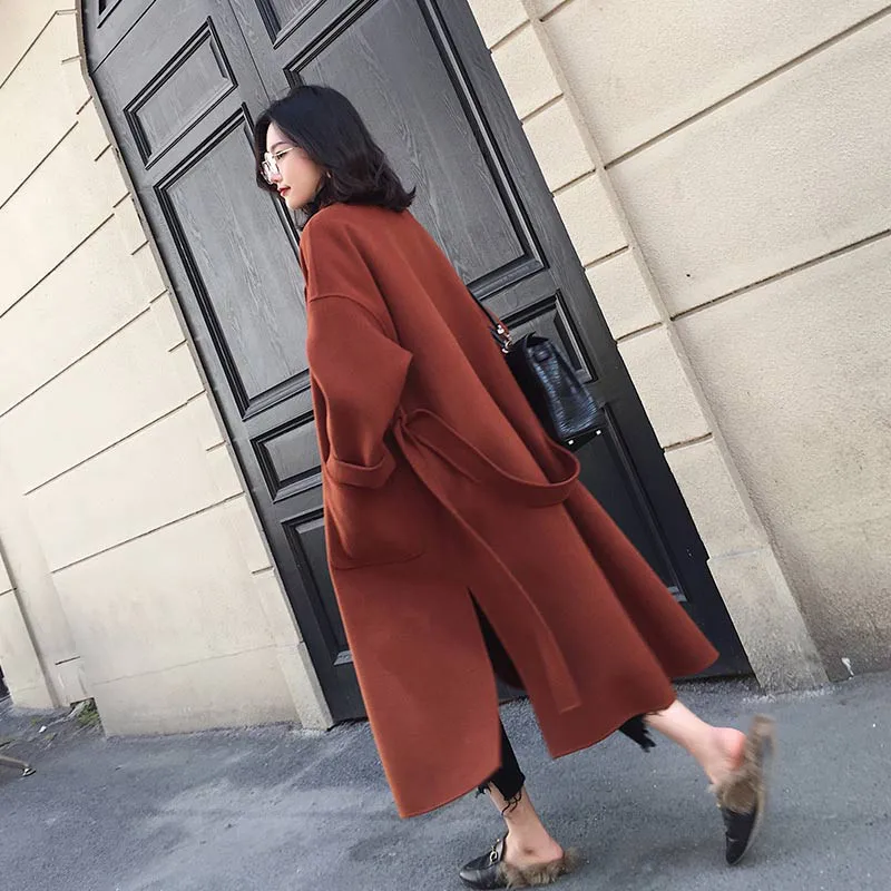 Autumn winter woolen coat women Loose Large size wool coats female Belt slim long Basic coats Both sides of the slit jacket N332 - Цвет: Maple red