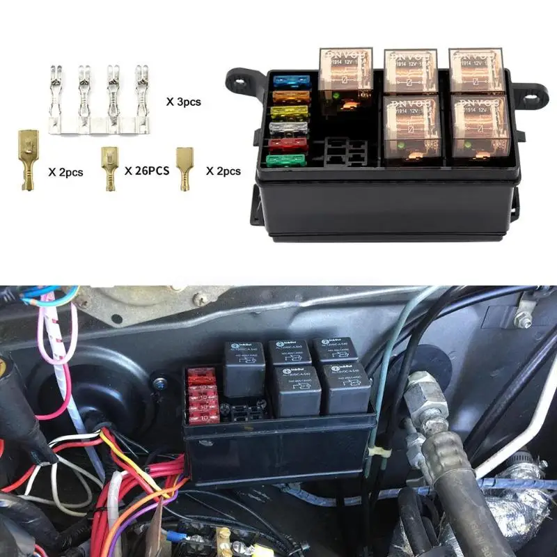 

VODOOL Universal DC 12V Car Marine Boat 6-Way Relay+ 6-Slot ATO/ATC Blade Fuse Holder Box Block Car Auto Replacement Parts Fuses