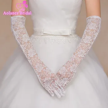 

Luvas De Noiva High Quality New 2017 Flowers White Bridal Gloves Finger Tulle Lace Wedding Party Prom Elbow Gloves