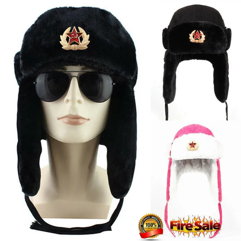 

Soviet Army Military Badge Men Caps Russia Tactical Hats For Men Pilot Bomber Cap Winter Faux Rabbit Fur Snow Hiking Caps Women
