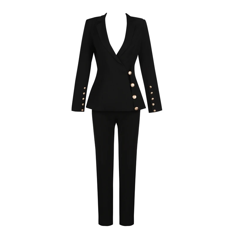 Beateen Women's Black Deep V Gold Buttons Blazer Jacket Pantsuits Long Sleeve Formal For Special Occasion Pant Suits Sets Women