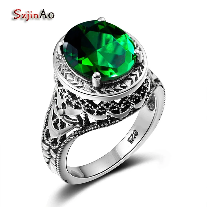 

Szjinao 925 Sterling Silver Rings for Women Vintage Style Oval Big Tibetan Emeald Ring Championship Ring Jewelry Gift Boxes