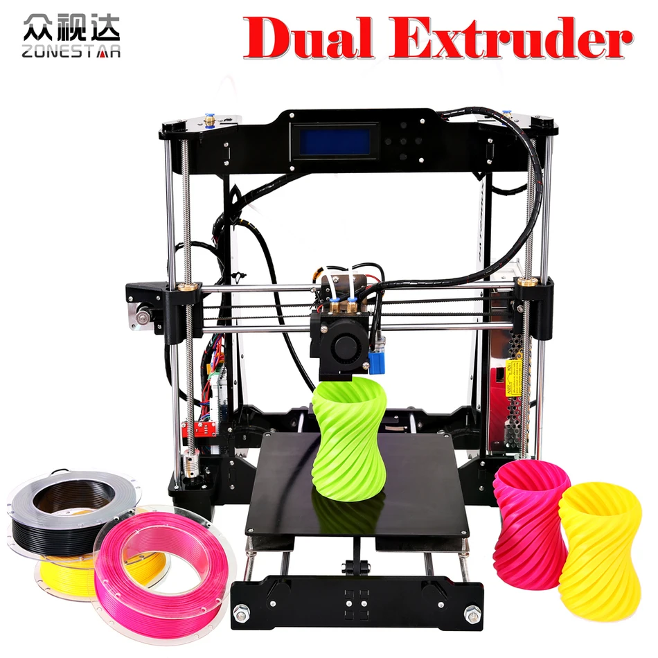 Dual Extruder Double Color Bed Auto Leveling Reprap Prusa i3 3D Printer DIY Kit Gift 2 Rolls Filament SD Card Free Shipping