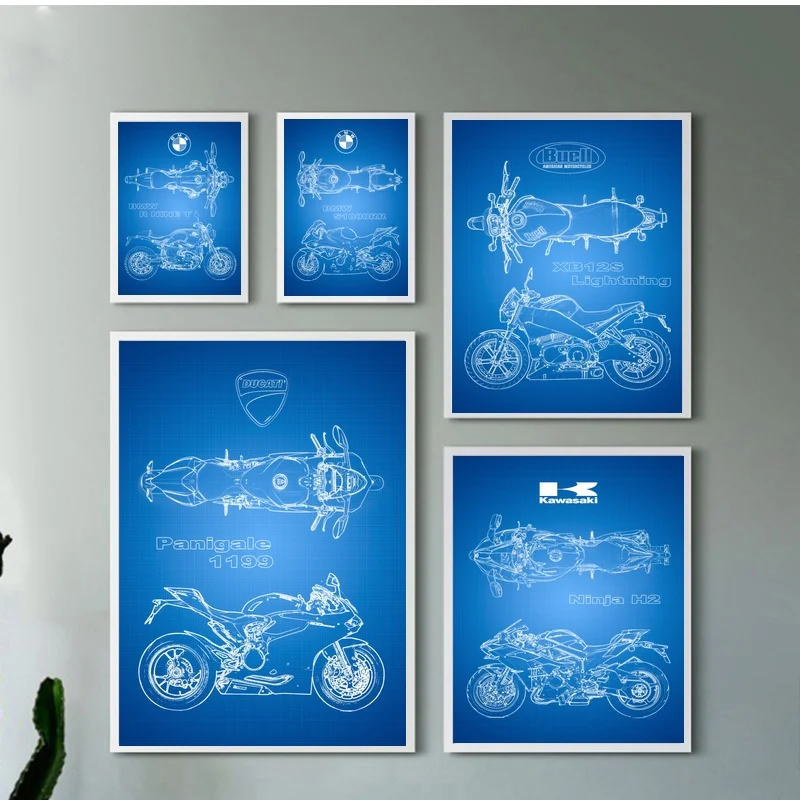 

Motorcycle Blueprint Art Silk Print Poster Home Decor Pictures 50x75cm