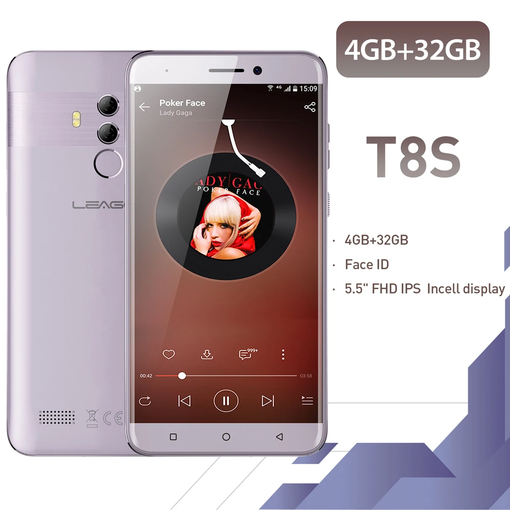 

LEAGOO T8s Face ID Smartphone 5.5''FHD Incell RAM 4GB ROM 32GB Android 8.1 MT6750T Octa Core 3080mAh Dual Cams 4G Mobile Phone