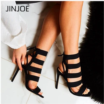 

JINJOE Flock Gladiator Summer Sandals Women Shoes Sexy Black Pointed Toe Solid pumps Lace-Up Shallow Ankle Strap Hollowing out