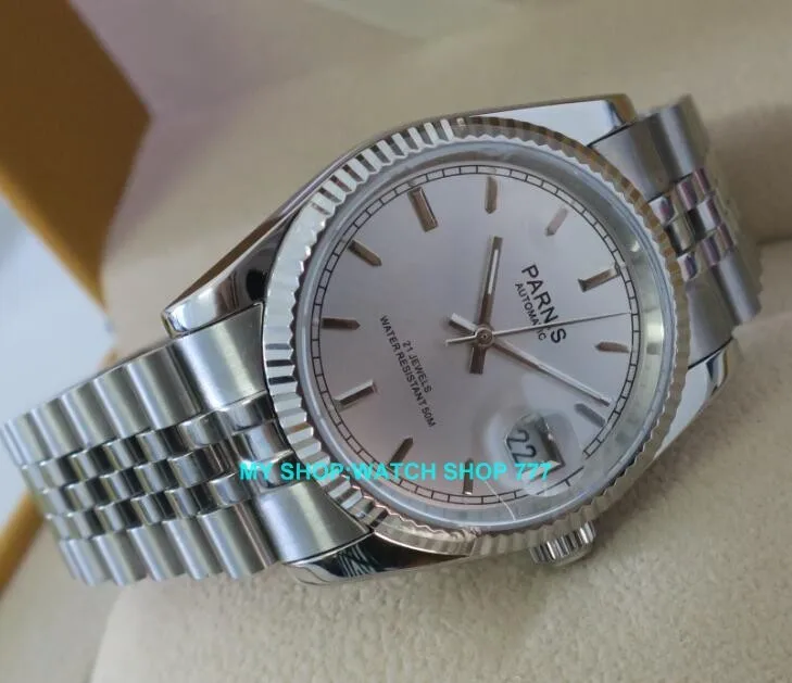 Cena 2017 nowych moda szafirowe 36mm Parnis japoński 21 Jeweles automatyczne self wiatr ruch świecenia zegarki męskie 5Bar 10A