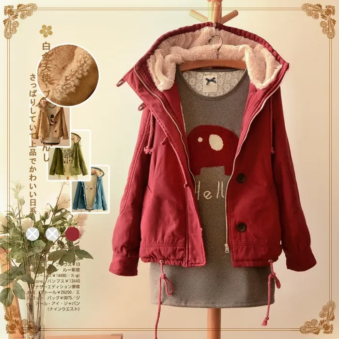 

Mori Girl Winter Thicken Berber Fleece Hooded Cotton Coat Women's Loose Cotton-padded Warm Parka Jacket Ladies Outerwear Tops