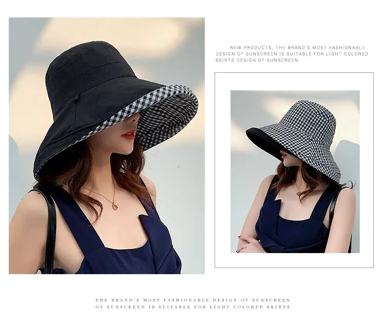 Клетчатая Двусторонняя хлопковая Солнцезащитная шляпа для женщин с защитой от УФ-лучей Панама для девочек, пляжная шляпа от солнца, Солнцезащитная Панама для улицы