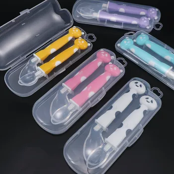 

New 2Pcs/set Baby Silicone Soft Panda Cartoon Animal Infant Utensils Learning Feeding Spoons 5 Colors