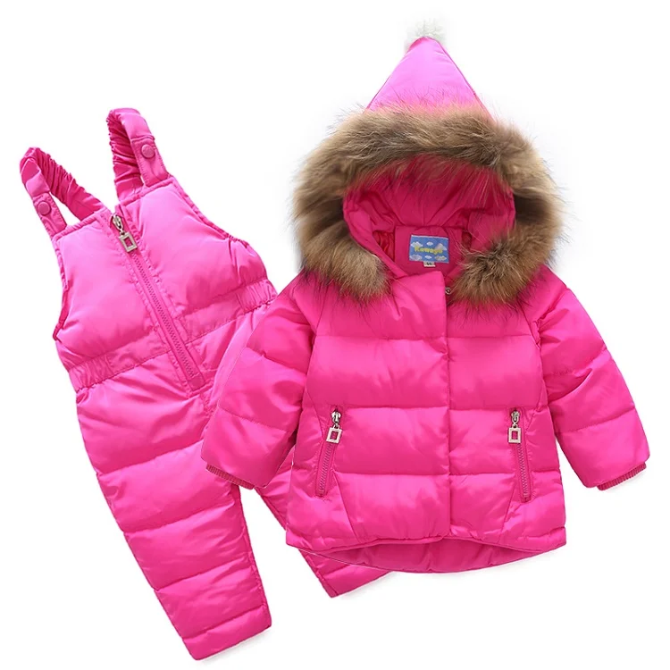 Зимний комплект одежды для маленьких девочек, детская куртка на утином пуху пальто для девочек комбинезоны теплая водонепроницаемая куртка лыжный комплект одежды для детей, IY60 - Цвет: Rose Red