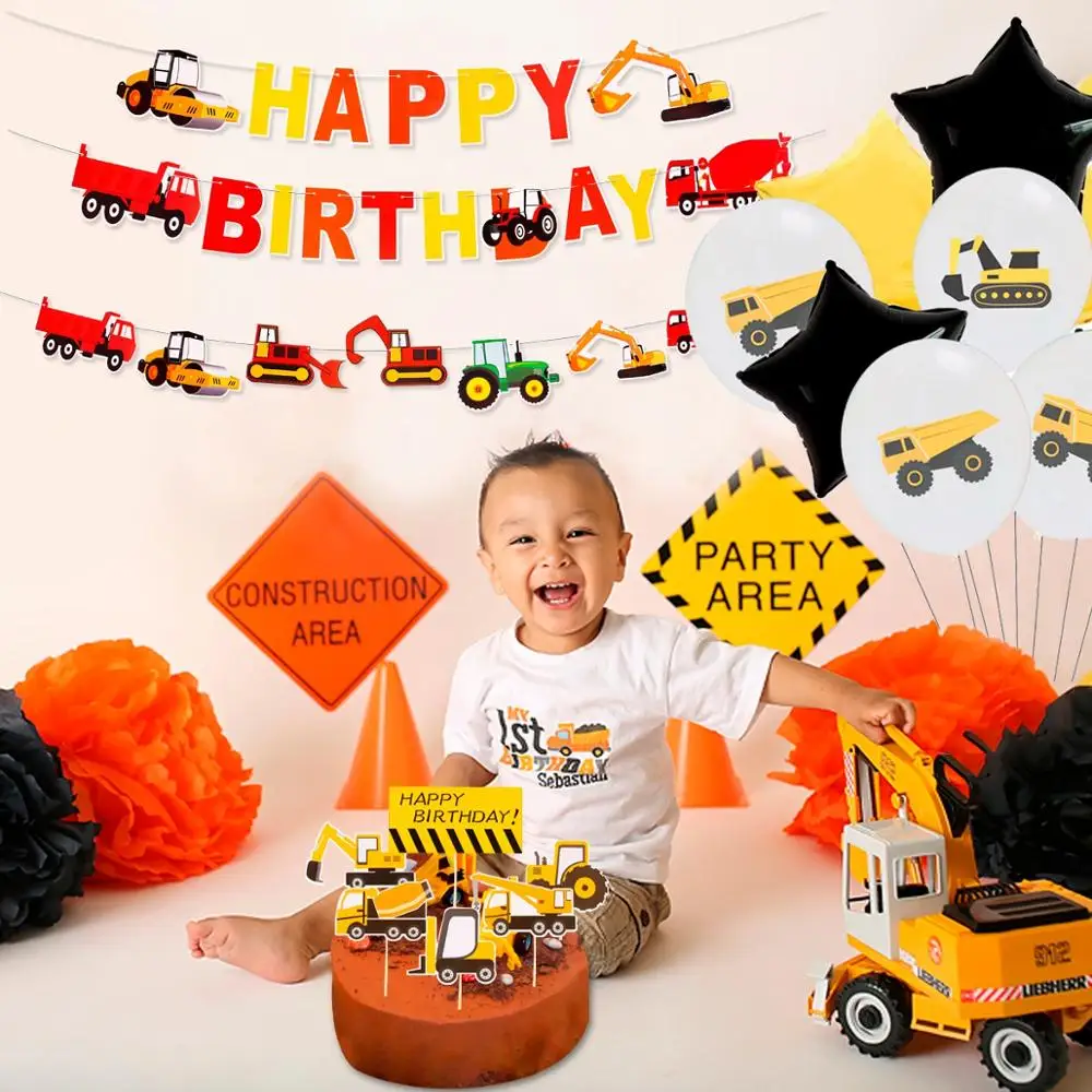 Excavator Vehicle Birthday Balloons Truck Cake Topper Happy Birthday Banner Construction Birthday Party Decor Kids Baby Shower