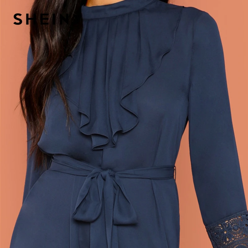 SHEIN Платье С Гипюровой Отделкой И Поясом Миди Слатье Воротником Стойкой Длинными