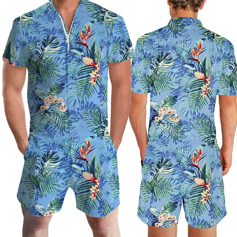 Гавайские комбинезоны с 3D принтом тигра и фламинго, мужские комбинезоны, летние повседневные пляжные мужские комплекты на молнии