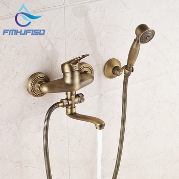 

Antique Brass Wall Mounted Bathroom Shower Mixer Faucet W/ Long Tub Spout