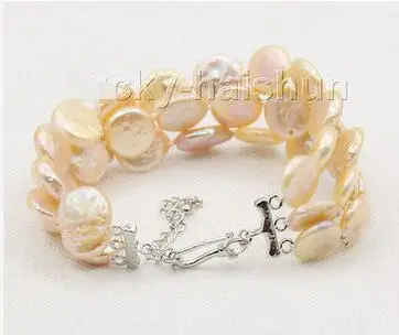 

Free Shipping >> new hot adjustable 7"-9.5" 3row 12mm coin fastener pink pearls bracelet j1003